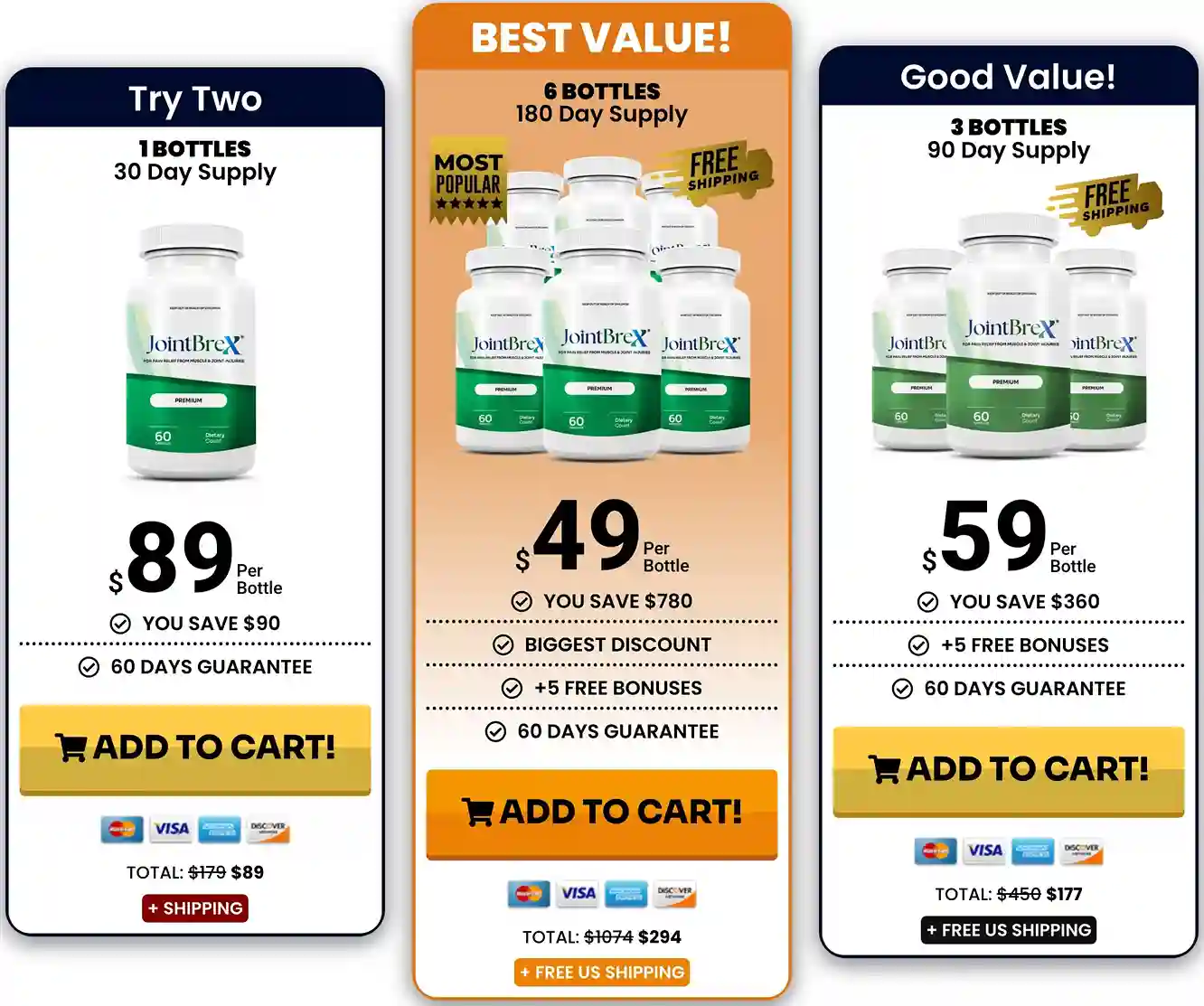 JointBrex pricing &mdash; 1 bottle $89, 3 bottles $59 per bottle, 6 bottles $49 per bottle with 5 free bonuses and free shipping